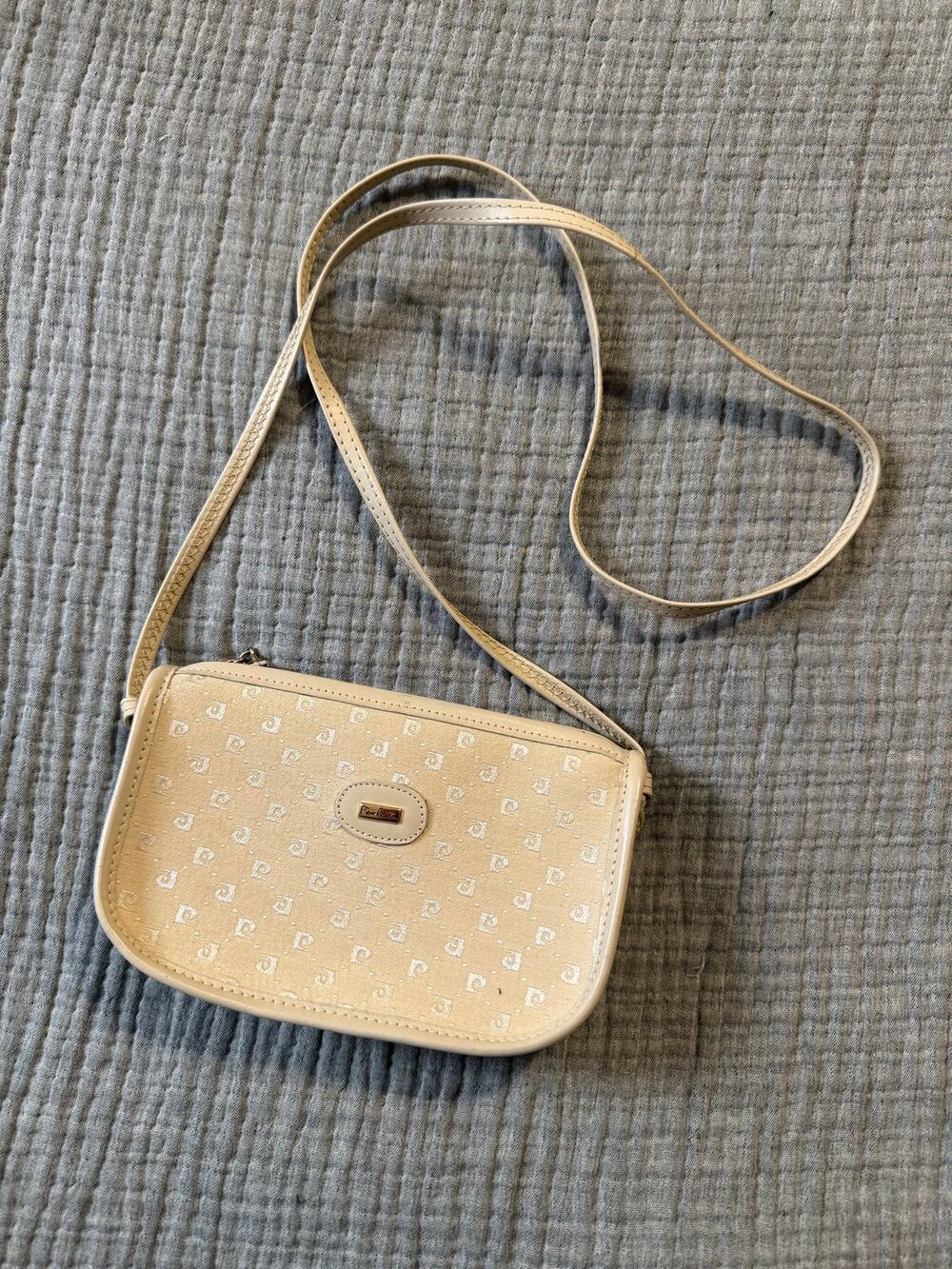 Pierre Cardin VTG Beige Logo Zip Top Shoulder Bag w/ Detachable Crossbody Strap
